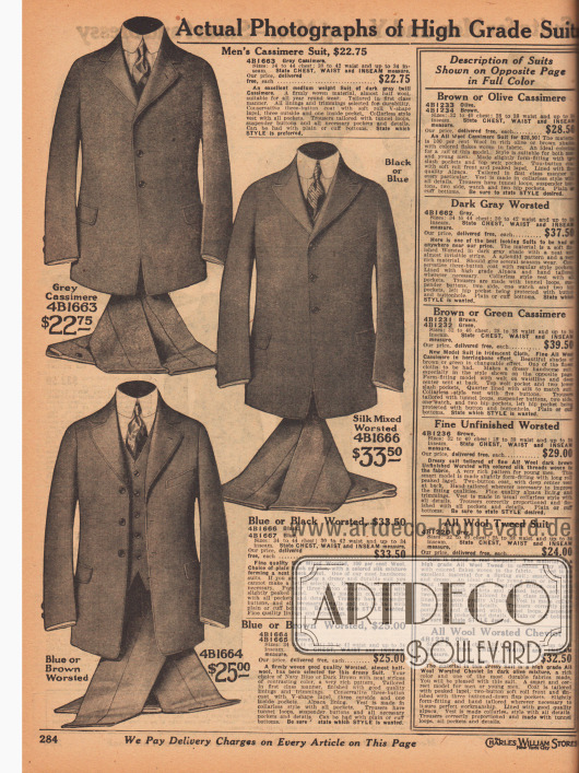 „Echte Fotografien von hochwertigen Anzügen“ (engl. „Actual Photographs of High Grade Suits“).
Drei einreihige Sakkoanzüge mit jeweils drei Knöpfen im konservativen Stil aus grauer Kaschmirwolle, gekämmtem Seiden-Woll-Mischgewebe (Blau oder Schwarz) oder marineblauem oder dunkelbraunem Woll-Baumwoll-Mischstoff.
Die Sakkomodelle sind nur leicht tailliert, zeigen schmale Schultern und warten mit eingearbeiteten Taschen und Taschenklappen auf. Alle Modelle werden mit passender Weste und einem Hosenpaar geliefert. V-förmige, kurze Revers, ein Modell mit fallendem Revers.