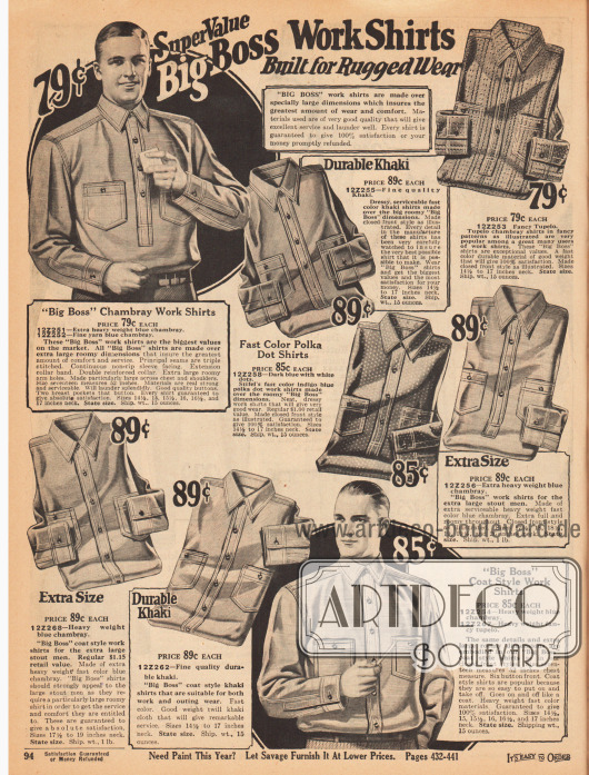 Widerstandsfähige und belastbare Arbeitshemden mit Nahtverstärkung, Doppelnähten und aufgenähten Brusttaschen aus Chambray, „Tupelo“ Chambray oder Khakigewebe. Die Hemden sind unifarben, gemustert oder mit Polka Punkten (engl. „Polka dots“) versehen.