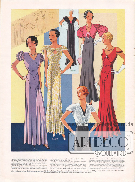 6618: Abendkleid aus fliederfarbenem Crêpe-Satin mit originellen Puffärmeln, die ganz und gar mit Rosetten bedeckt sind. Am Glockenrock aparte Teilungen.
6619: Elegantes Gesellschaftskleid aus zartfarbigem Spitzenstoff. Über die Arme fallen kleine angeschnittene Capeteile. Die Teilungen des Rockes verlaufen in Godets.
6620/21: Elegantes Ensemble aus Marocain für den Abend. Zu dem schwarzen Kleid wird ein kurzes rotes Jäckchen getragen, dessen Puffärmel dicht gereiht sind. Am Kleid kleine Capeärmelchen.
6622: Jäckchen aus weißem Plüsch, eine hübsche Ergänzung für Abendkleider. Aparte Form mit anliegenden, angeschnittenen Ärmelchen.
6623: Abendkleid aus rotem Flamisol, in anliegend gearbeiteter Schnittform. Die Taille ist vorn passenartig, der Glockenrock in Längsrichtung geteilt.