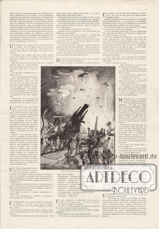 Artikel:
De M., G., Chronique Parisienne (petites vérités, la dépopulation, les femmes anglaises, leur rôle dans la guerre, pour les aveugles, le vestiaire des enfants éprouvés par la guerre, une école technique pour les femmes, etc.).
Die Zeichnung zum Artikel besitzt die Bildunterschrift „Ballon et aéroplanes sont les yeux de l‘artillerie“.
Zeichnung/Illustration: unbekannt.