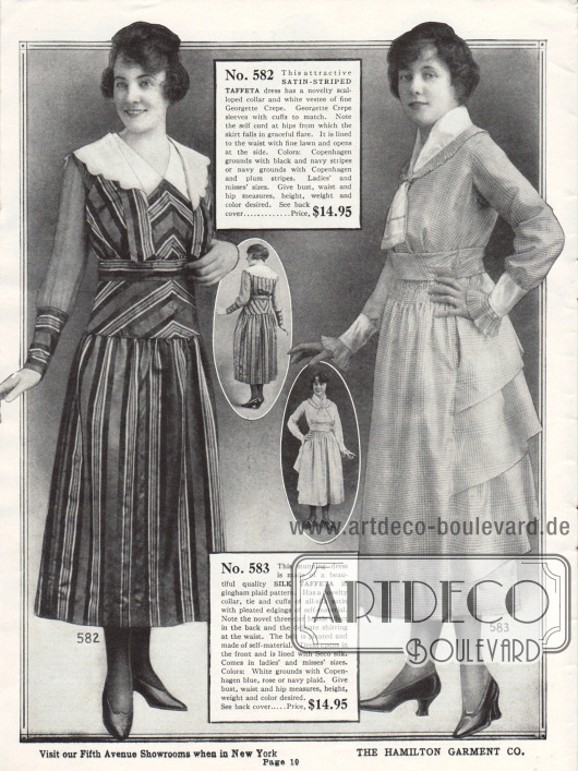 Zwei kleidsame Kleider für die Stadt oder den Nachmittag aus gestreiftem Satin-Taft (links) und Seiden-Taft (rechts). Das erste Kleid besitzt einen Kragen aus weißem Georgette Krepp und Ärmel aus farblich zum Kleid abgestimmten Georgette Krepp. Der tief liegende Rockansatz schiebt die Taille optisch nach unten. Das rechte Modell zeigt rückwärtige Volants, die einen gemäßigten Tournüreneffekt erzielen.