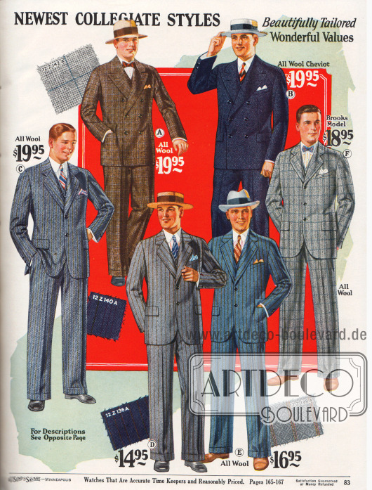 Elegante, leicht taillierte Herrenanzüge in den „neuesten Hochschul-Designs“ (engl. „Newest Collegiate Styles“) aus reinen Wollgeweben, Cheviot-Wolle und Woll-Kaschmir, von denen zwei doppelreihig und vier einreihig sind. Die doppelreihigen Modelle zeigen steigende und die einreihigen Sakko-Versionen fallende Revers.
Die Stoffe zeigen diagonale mit farblich abstechenden Streifen durchzogene Muster (C, D, E), verschieden breit überlagernde Streifen (F), Diamanten-Webung (B) oder „Glenurquhart plaid“ (abwechselnd schmal und breit karierte Karrees, A).