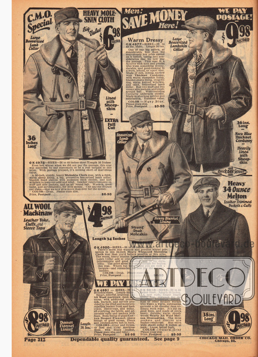 Drei doppelreihige Herrenjacken, so genannte „mackinaw jackets“, aus Englischleder und Kord, deren Kragen mit Lammfell besetzt sind, das auch als Fütterung dient. Charakteristisch sind die robuste Verarbeitung und der dicke Gürtel.
Unten rechts befindet sich eine einreihige Mackinaw Jacke in Holzfälleroptik ohne Gürtel aus Wolle, Baumwollflanell und Leder. Rechts daneben wird ein doppelreihiger Kurzmantel aus reiner Wolle präsentiert.