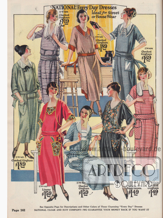 Einfache Haushalts- und Verandakleider aus Gingham, Leinen und Satin-Cretonne.