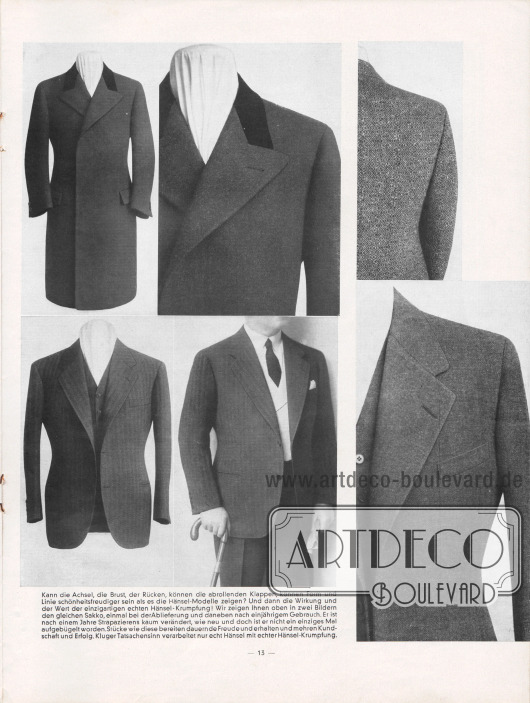 Artikel:
O. V., Hänsel-Wollastine im Paletot.
Mehrere Fotografien zeigen Nah- und Detailaufnahmen eines Paletots und eines eleganten Sakkos.
Fotos: Hänsel & Co. Aktiengesellschaft.