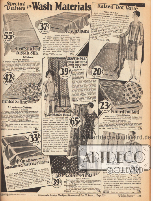 „Besonders gute Werte in Waschstoffen“ (engl. „Special Values in Wash Materials“).
Unifarbene, bedruckte und gemusterte Nähstoffe für Sommerkleider, Kinderkleidung oder auch Männerhemden. Die hier offerierten Stoffe sind Tussah Seide mit Hohlnaht, Rayon-Alpaka, gepunkteter Voile (Schleierstoff), schimmernder Baumwoll-Satin, Foulard, farbechtes Leinengewebe, Baumwoll-Pogee und gestreifter Madras. Die Preise verstehen sich pro Yard (91,44 cm) und haben eine Breite von 32 bis 39 Inch (81,3 und 99,1 cm).
In der Mitte werden außerdem zwei Schnittmuster mit passendem Stoff zum Selbernähen von Mädchenkleidern angeboten.