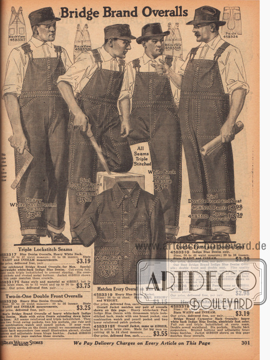 Arbeitskleidung aus Jeansstoffen (engl. „Indigo Blue Denim“) für Männer.
Die Overalls sowie die Jacke unten zeigen doppelt ausgeführte Nähte an Beinen, Brust, Taschen und Gürteln, um eine möglichst lange Haltbarkeit zu gewährleisten.
