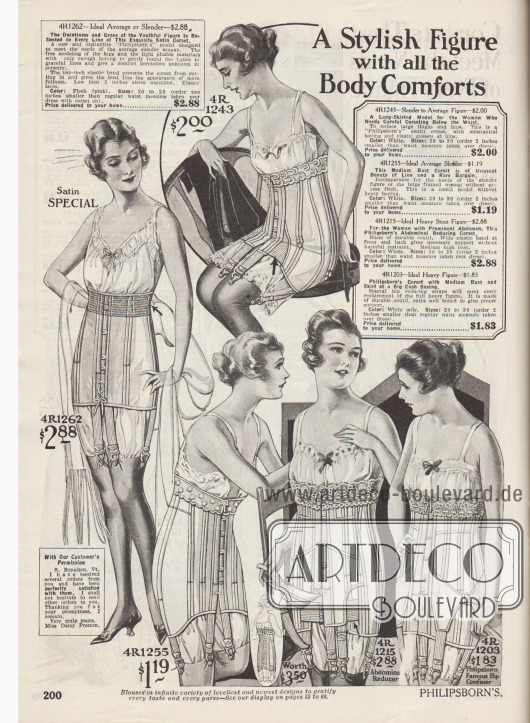 „Eine modische Figur mit allen Tragekomforts“ (engl. „A Stylish Figure with all the Body Comforts“)
Hüfthalter mit leichten Metalldrähten für Damen von schlanker bis mittlerer Statur sowie Korsetts mit starker Verdrahtung und Mieder für Frauen mit durchschnittlicher bis starker und stämmiger Körperform. Die Korsetts sind aus Coutil (robuster, dicht gewebter Baumwollstoff) gefertigt und mit Strumpfbandhaltern und elastischen Einsätzen (Zwickeln) ausgestattet. Spitzenborten zieren die oberen Kanten der Modelle. Alle Modelle werden über Haken und Ösen in der Front verschlossen.