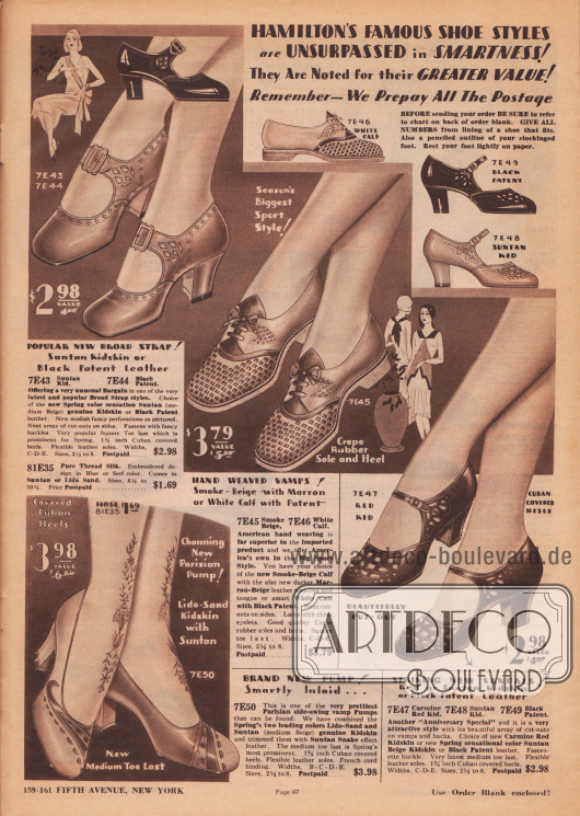 „Hamiltons berühmte Schuhmoden sind unübertroffen in Schick und Eleganz! Sie sind bekannt für ihren höheren Wert! Denken Sie daran – wir zahlen das gesamte Porto im Voraus“ (engl. „Hamilton’s Famous Shoe Styles are Unsurpassed in Smartness! They Are Noted for their Greater Value! Remember – We Prepay All The Postage“).
Ein Paar Pumps, zwei Schnallenschuhe mit unterschiedlich breiten Riemchen sowie ein Paar Sport-Oxfords aus Chevreauleder (Ziegenleder) oder Lackleder für stilbewusste Damen. Unterschiedlich farbige Ledersorten sind an zwei Modellen zu finden.
Die Schnallenschuhe zeigen kunstvolle Ausstanzungen und Perforationen. Während die Schnallenschuhe und das Paar Pumps mittelhohe kubanische Absätze zeigen, besitzt das sportliche Oxford-Paar flache Sohlen.