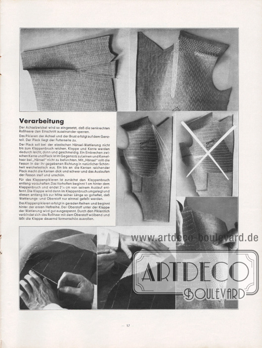 Artikel:
O. V., Verarbeitung.
Seite mit exakten Anweisungen und Fotografien, wie ein Achselzwickel eingesetzt und die Achsel pikiert wird.
Fotos: Hänsel & Co. Aktiengesellschaft.
