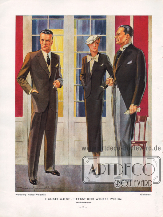 Mondän-eleganter, einreihiger Sakkoanzug für Herren, ein feierlich-elegantes Abendkostüm im herrenmäßigen Schnitt für Damen sowie ein Cutaway (oder einfach „Cut“) für formelle Anlässe.
Obwohl Grau oder Braun für Festivitäten oder den Abend durchaus tragbar sind, ist Schwarz immer noch die bevorzugte Farbe für Smoking und Frack. Der schwarze Cut kann mit einer grauen Hose kombiniert werden. Der steife Kragen („Vatermörderkragen“) wird in den 1930er Jahren noch immer gern in der Abendgarderobe verwendet.
Wattierung: Hänsel-Wollastine. Darstellung der Modelle im Gildenhaus von Forst (Lausitz).
Illustration/Zeichnung: Harald Schwerdtfeger (1888-1956).