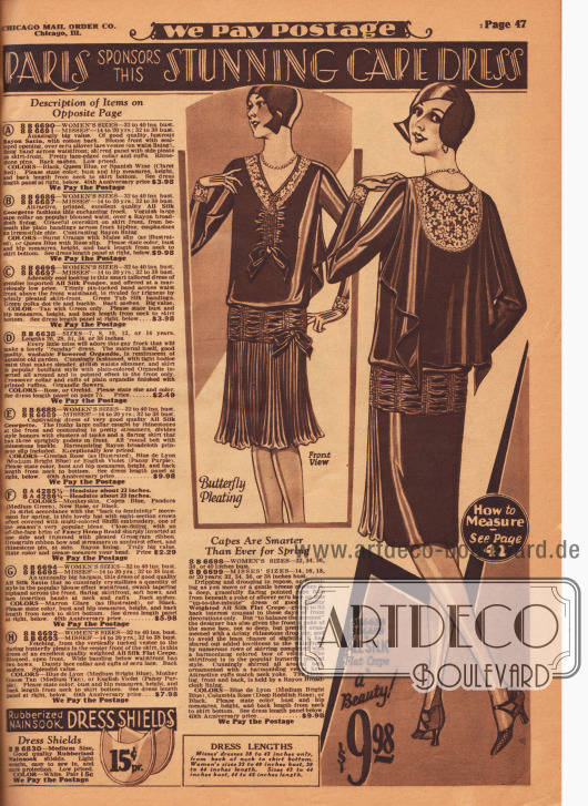 „Paris entsendet dieses atemberaubende Cape Kleid“ (engl. „Paris sponsors this Stunning Cape Dress“).
Nachmittagskleid aus Seiden Krepp mit Écruspitze mit capeartigem Stoffteil das den Rücken bedeckt. Plissierte Rockfront mit kleiner Schleife. Der Rockansatz ist durch eine gekräuselte und mit Reihenziehung fixierte Passe gekennzeichnet. Reihenziehung ebenfalls an der Brust.
Unten links werden Schweißblätter für 15 Cent das Paar angeboten. In der linken Spalte sind die Beschreibungen für die Kleider auf der gegenüberliegenden Farbseite 46 zu finden.