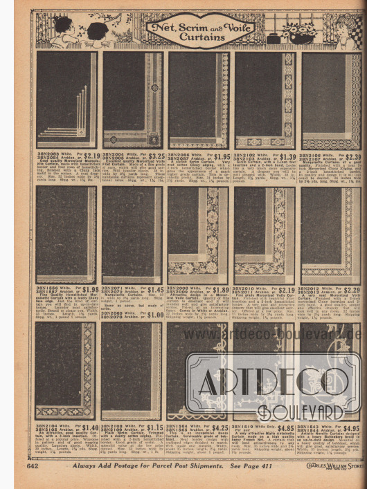 „Netzstoff, Gitterstoff und Voile Vorhänge“ (engl. „Net, Scrim and Voile Curtains“).
Elegante, leichte Fenstervorhänge und Gardinen aus merzerisiertem Marquisette, merzerisiertem Voile (Schleierstoff), grobgewebtem Baumwoll- oder Leinenstoff (engl. „Scrim“) oder Bobinet.
Die Fertigvorhänge zeigen einfache oder äußerst kunstvolle Borten und Muster. Einzelne Vorhänge sind mit Hohlnähten, Cluny-Spitze, Filet-Einsätzen oder Bändern verarbeitet. Zwei Modelle im Battenberg-Muster oder Marie-Antoinette Stil.