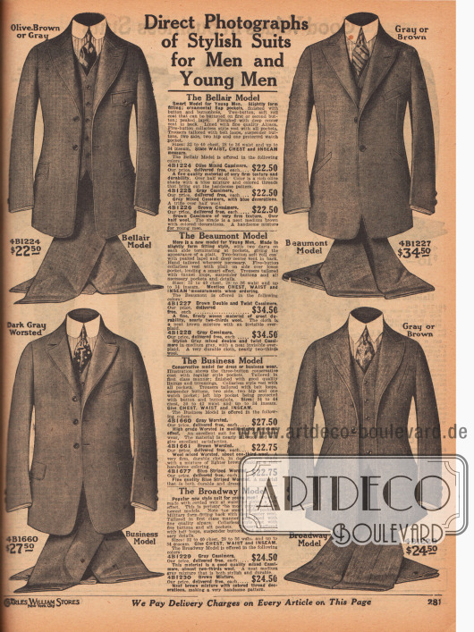 „Unmittelbare Fotografien von modischen Anzügen für Herren und junge Männer“ (engl. „Direct Photographs of Stylish Suits for Men and Young Men“).
Einreihige und exklusive Sakkoanzüge mit den Modellbezeichnungen Bellair, Beaumont, Business und Broadway. Die Anzüge sind aus Kaschmirwolle oder Woll-Kammgarn.
Die besonders taillierten Modelle sind für junge Männer gedacht, während der nur mäßig taillierte Geschäftsanzug (Modell „Business“) für ältere Herren oder Männer mit konservativem Geschmack vorgesehen ist. Alle Ausführungen zeigen paspelierte Ränder und sind mit einer eingearbeiteten äußeren Brusttasche für eine Taschenuhr vorgesehen. Alpakawolle diente als Sakkofutter aller Modelle. Kragenlose Westen.