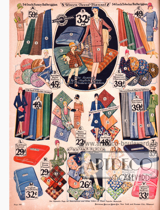 Günstige bedruckte Kleiderstoffe wie z.B. Balbriggan, Flanell, merzerisierte Charmeuse, Rayon-Taft und Rayon, sowie Jersey und Serge für Kostüme.