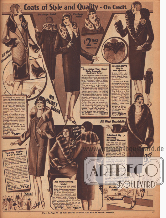„Wintermäntel mit Stil und Qualität – Auf Kredit“ (engl. „Coats of Style and Quality – On Credit“).
Damenmäntel aus Woll-Breitgewebe, Woll-Velours oder „Chami“-Woll-Veloursleder. Die voluminösen Pelzverbrämungen sind aus auf Biber, Chinchilla oder Nerz gefärbtem Kaninchenfell, schwarzem Karakulfell, importiertem „Mandel fur“ (chinesisches Schafsfell) oder mandschurischem Wolfsfell hergestellt.
Besonders extravagant wirkt der fast herzartig geformte Schalkragen oben links. Neben Schalkragen, kurzen „Crush“-Kragen und verbrämten Ärmelstulpen sind geometrische und ornamentale Paspeln besonders modisch.