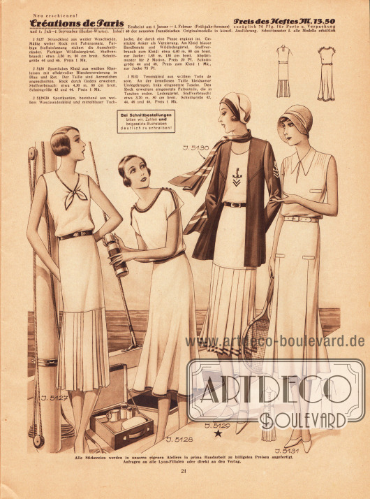 5127: Strandkleid aus weißer Waschseide. Mäßig weiter Rock mit Faltenansatz. Farbige Stoffeinfassung sichert die Ausschnittränder. Farbiger Wildledergürtel.
5128: Sportliches Kleid aus weißem Ripsleinen mit effektvoller Blendenverzierung in Blau und Rot. Der Taille sind Ärmelchen angeschnitten. Rock durch Godets erweitert.
5129/30: Sportkostüm, bestehend aus weißem Waschseidenkleid und mittelblauer Tuchjacke, die durch eine Passe ergänzt ist. Gestickte Anker als Verzierung. Am Kleid blauer Bandbesatz und Wildledergürtel.
5131: Tenniskleid aus weißem Toile de soie. An der ärmellosen Taille kleidsamer Umlegekragen, links eingesetzte Tasche. Den Rock erweitern eingesetzte Faltenteile, die in Taschen enden. Ledergürtel.