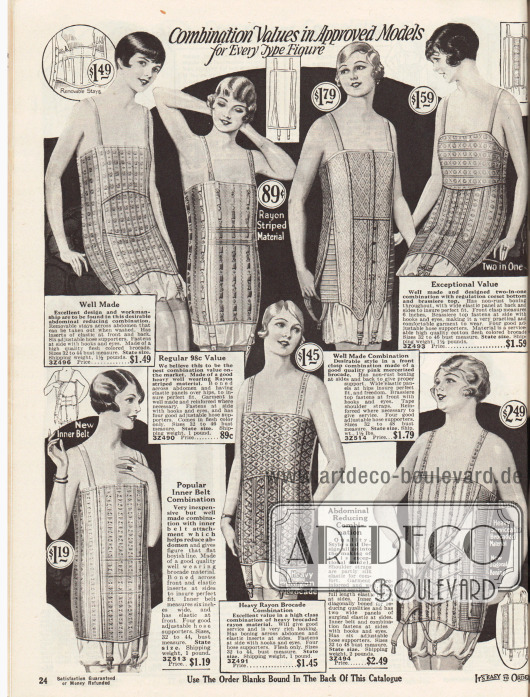 Korsetts mit Mieder zur Erzielung eines flachen Bauchs und einer schönen Silhouette für Damen jeden Figurentyps.
Die Korsetts sind aus gemusterten Brokat- oder Rayon-Brokatgeweben und mit elastischen Einsätzen versehen. Nicht rostende Drähte erzielen und erhalten die gewünschte schöne Linie. Haken und Ösen sowie Schnüre dienen als Verschluss.