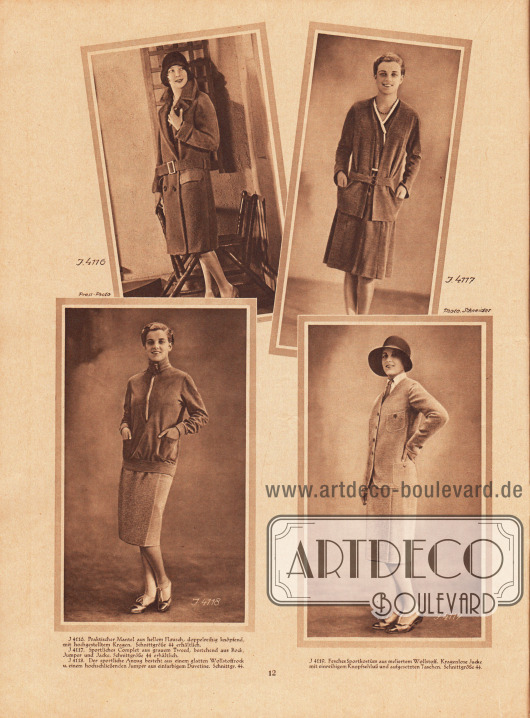 4116: Praktischer Mantel aus hellem Flausch, doppelreihig knöpfend, mit hochgestelltem Kragen.
4117: Sportliches Complet aus grauem Tweed, bestehend aus Rock, Jumper und Jacke.
4118: Der sportliche Anzug besteht aus einem glatten Wollstoffrock u. einem hochschließenden Jumper aus einfarbigem Duvetine.
4119: Fesches Sportkostüm aus meliertem Wollstoff. Kragenlose Jacke mit einreihigem Knopfschluß und aufgesetzten Taschen.
Fotos: Press-Photo; Atelier Ernst Schneider, Berlin (Lebensdaten unbekannt).
