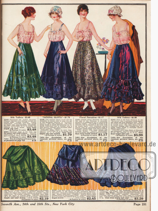 Petticoats (bauschig-weite Unterröcke) mit angenähten Rüschen aus Seide, Perkalin und Seiden-Taft.