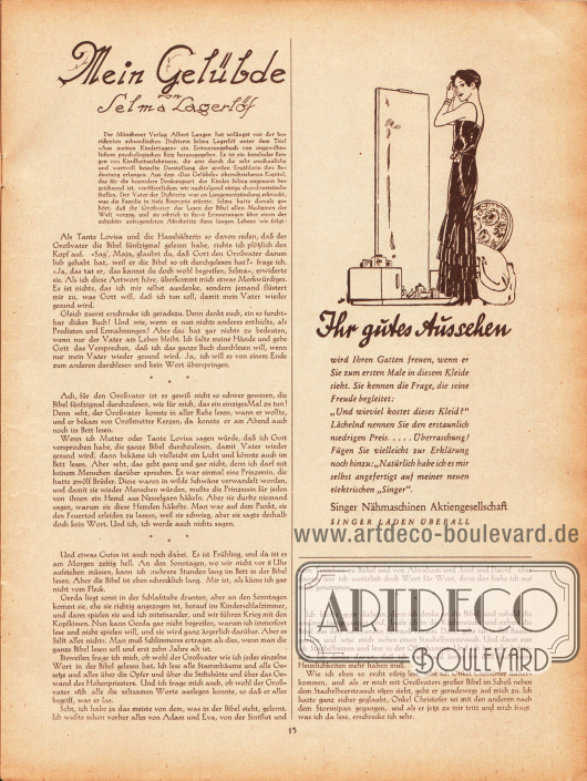 Artikel:
Lagerlöf, Selma, Mein Gelübde.
Werbung:
Singer Nähmaschinen Aktiengesellschaft.