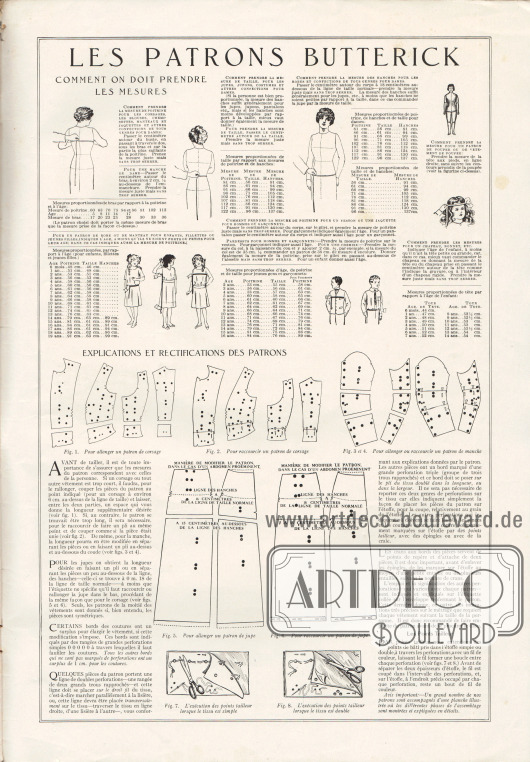 Anleitungen zum Maßnehmen für die Bestellung der Schnittmuster (frz. „Les patrons Butterick comment on doit prendre les mesures“) sowie die Erklärung zum Anpassen und Berichtigen der Schnittmuster („Explications et rectifications des patrons“).