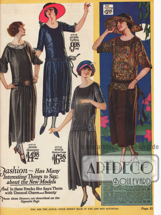 Damenkleider für den Sommer aus Seiden-Charmeuse, Seiden-Taft, Seiden Krepp und Crêpe de Chine mit kurzen Ärmeln für 9,98 bis 16,98 $.