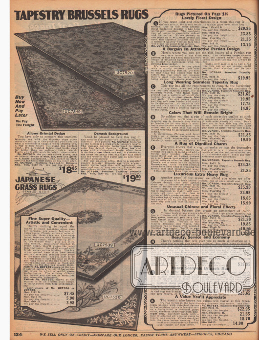 „Brüsseler Gobelinteppiche“ (engl. „Tapestry Brussels Rugs“).
Oben befinden sich zwei Teppiche im orientalischen Design oder mit Damast-Musterung. Unten befinden sich zwei Versionen eines kunstvollen japanischen Webteppichs (engl. Japanese Grass Rugs“). Die Teppiche sind in den Größen 6 x 9 bis 9 x 12 ft (1,83 x 2,74 bis 2,74 x 3,66 m) erhältlich.
Rechts sind die Beschreibungen der Teppiche auf der gegenüberliegenden Farbseite 135 zu finden.