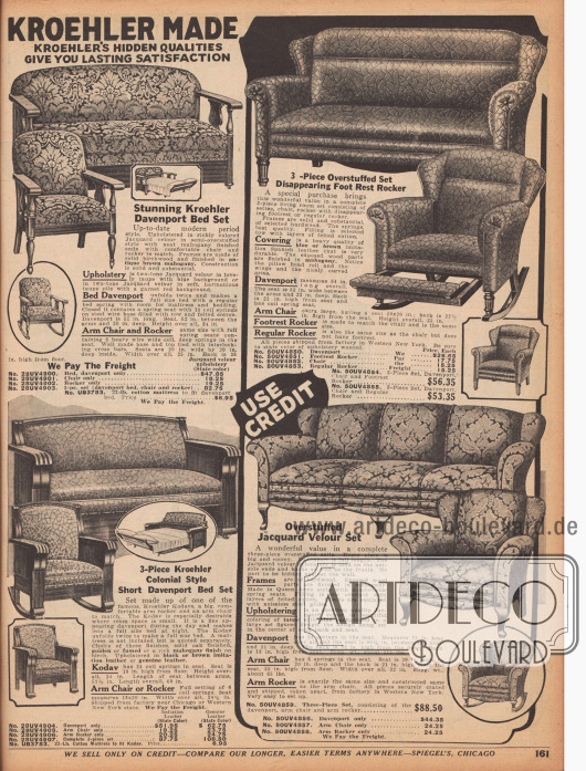 „Echte Kroehler Möbel – Kroehlers verborgene Qualitäten geben Ihnen bleibende Zufriedenheit“ (engl. „Kroehler Made – Kroehler’s hidden Qualities give you lasting Satisfaction“).
Sitz- und Sofagarnituren des landesweit bekannten Herstellers der Marke Kroehler. Zwei der Postermöbelgarnituren besitzen ein ausziehbares Sofa (hier „Davenport Bed“), das zum Gästebett umfunktioniert werden kann. Zu allen Sofas gehören zudem Sessel und gepolsterte Schaukelstühle.
Die Sichtholzgestelle sind aus Birkenholz oder Eiche (lackiert auf Mahagoni) oder anderen Harthölzern. Als Bezugsstoffe dienten gemusterter Jacquard-Velours, Lederimitat („imitation Spanish leather“) oder wahlweise echtes Leder gegen Aufpreis.