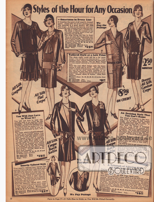 Doppelseite mit 12 Damenkleidern aus Seiden-Georgette, Seiden Krepp, Seiden-Satin Krepp, Woll-Tweed, Rayon-Brokat und Seiden-Samt. Trotz ähnlichen Schnitten weisen alle Kleider unterschiedliche Ausschnittverarbeitungen und Details auf. Ein und zweistufige Volants mit grazilem Faltenwurf sind bereits Vorboten der neuen weiblichen Modelinie.