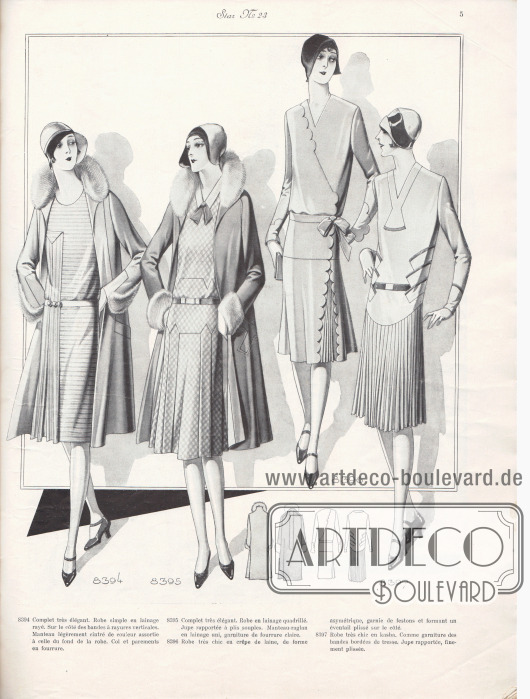 8394: Complet très élégant. Robe simple en lainage rayé. Sur le côté des bandes à rayures verticales. Manteau légèrement cintré de couleur assortie à celle du fond de la robe. Col et parements en fourrure.
8395: Complet très élégant. Robe en lainage quadrillé. Jupe rapportée à plis souple. Manteau-raglan en lainage uni, garniture de fourrure claire.
8396: Robe très chic en crêpe de laine, de forme asymétrique, garnie de festons et formant un éventail plissé sur le côté.
8397: Robe très chic en kasha. Comme garniture des bandes bordées de tresse. Jupe rapportée, finement plissée.