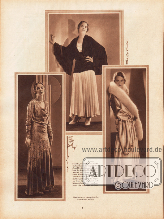 Für Bälle, Gesellschaft und Theater sind auf dieser Seite einige Modelle abgebildet, die die charakteristische Linie der aktuellen Mode; schönes Material und dessen weich fließende Wirkung veranschaulichen. Velours-Chiffon und Crêpe-Satin sind die Lieblingsstoffe der eleganten Frau. Sehr gern wird auch Spitzenstoff verarbeitet; man kombiniert ihn neuerdings mit Samt.
(Schnittmuster zu diesen Modellen werden nicht geliefert)
Fotos: Joel Feder.