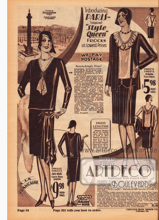 Links ein elegantes Damenkleid aus Seiden Krepp und Satin mit einer seitlichen Stoffdrapierung am Rock, die über den Saum hinaus geht. Der feine Kragen, das kleine krawattenartige Jabot und die Ärmelaufschläge aus Spitze setzen sich hell ab.
Daneben ein Ensemble, bestehend aus Jacke, Bluse und Rock aus Rayon Krepp. Der wellige Blusenkragen legt sich über die Jacke, während der plissierte Rock von Trägern gehalten wird.