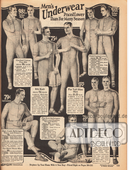 „Unterwäsche für Männer zu den günstigsten Preisen seit langem“ (engl. „Men’s Underwear Priced Lower Than For Many Season“).
Ein- und zweiteilige Hemdhosen mit Knopfleiste in der Front und wahlweise langen oder kurzen Ärmeln und Beinen. Die Hemdhosen sind aus gekämmter Baumwolle und „balbriggan cloth“ (gewebtes, ungebleichtes Baumwollgewebe, ursprünglich aus Irland) in Feinripp oder Flachwebung.