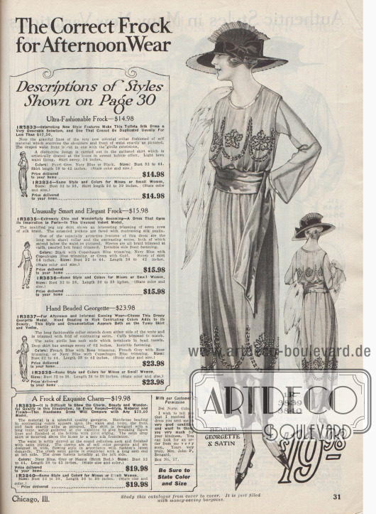 „Das richtige Kleid für den Nachmittag“ (engl. „The Correct Frock for Afternoon Wear“).
Überaus mondänes Nachmittagskleid aus Georgette und Satin für Damen zum Preis von 19,98 Dollar. Satin bildet das Unterkleid, während Tunika und Ärmel aus duftigem Georgette gearbeitet sind. Brust und Saum der Tunika sind ringsum gleichmäßig mit Perlstickerei von Hand bestickt. Ein breiter Stoffgürtel aus Satin, der leichte Fältchen wirft, endet seitlich in einer langen Schärpe. Eine leicht glänzende Picotkante fasst den kragenlosen Ausschnitt und die Ränder des Oberteils und der Ärmel ein. Unsichtbarer Verschluss auf der linken Seite.
