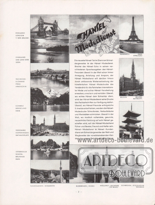Eigenwerbung für den Hänsel-Modedienst für das Schneidergewerbe. Die Zeitschrift Hänsel-Echo erschien in verschiedenen Sprachausgaben und in vielen hier gezeigten europäischen Ländern.