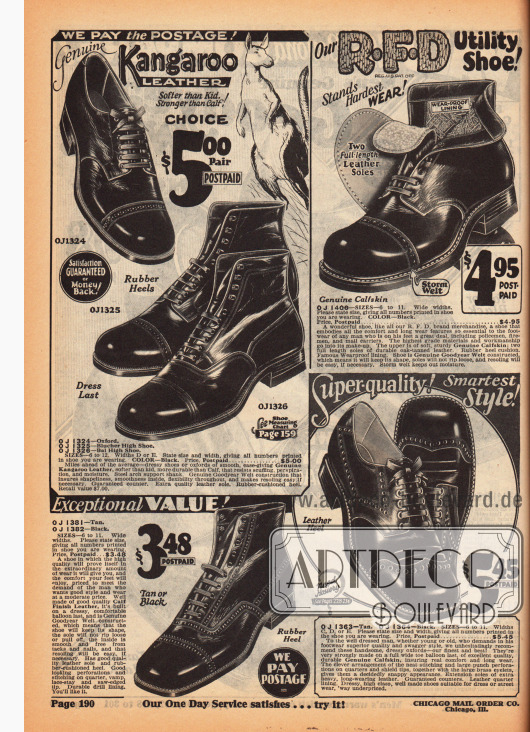 Robuste sowie elegante Schnürstiefeletten und Halbschuhe aus Känguruleder und Kalbsleder. Die Schuhe zeigen zurückhaltende Lochverzierungen und runde oder kantige Vorderkappen. Oben rechts wird ein besonders belastbares Modell speziell für die Bedürfnisse von Feuerwehrleuten, Polizisten und Briefzusteller beworben.