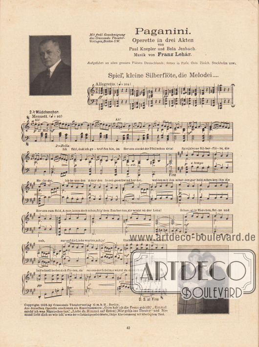 Paganini Operette in drei Akten von Paul Knepler und Bela Jenbach. Musik von Franz Lehár (1870-1948). Der Titel des Liedes mit den abgebildeten Noten und dem dazugehörigen Text ist „Spiel‘, kleine Silberflöte, die Melodei…“.