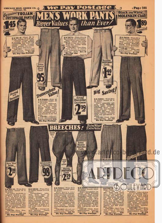 Arbeitshosen, Breeches (Reithosen) und eine sommerlich leichte Arbeitshose (zweites Modell von rechts unten) für Männer.
Die Arbeitshosen oben sind aus „Cottonade“, einem starken und widerstandfähigen Baumwollstoff, Khaki Gewebe, Woll-Kaschmir, Moleskin Cloth (Englischleder), Woll-Serge sowie Daytona (leichter Sommerstoff). Die beiden Breeches sind aus „Whipcord Moleskin“ und neben Sport auch für harte Arbeiten bestens geeignet.