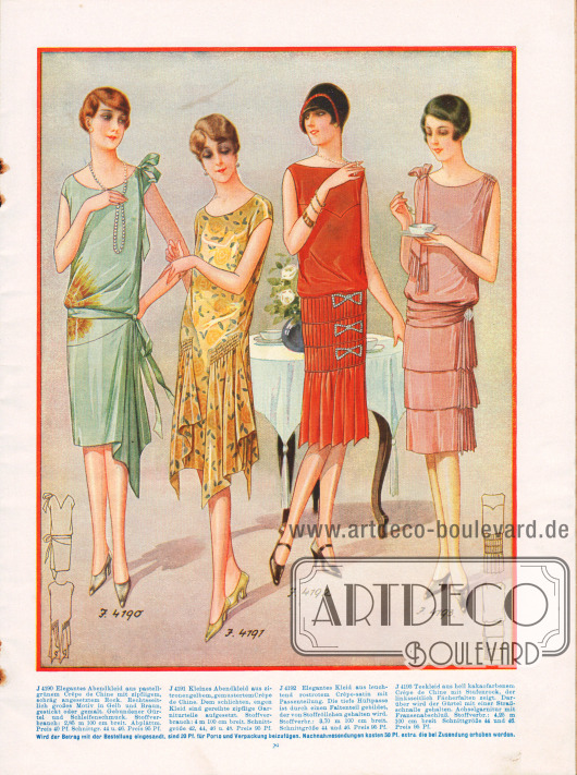 4190: Elegantes Abendkleid aus pastellgrünem Crêpe de Chine mit zipfeligem, schräg angesetztem Rock. Rechtsseitlich großes Motiv in Gelb und Braun, gestickt oder gemalt. Gebundener Gürtel und Schleifenschmuck.
4191: Kleines Abendkleid aus zitronengelbem, gemustertem Crêpe de Chine. Dem schlichten, engen Kleid sind gereihte zipfelige Garniturteile aufgesetzt.
4192: Elegantes Kleid aus leuchtend rostrotem Crêpe Satin mit Passenteilung. Die tiefe Hüftpasse ist durch einen Faltenteil gebildet, der von Stoffröllchen gehalten wird.
4193: Teekleid aus hell kakaofarbenem Crêpe de Chine mit Stufenrock, der linksseitlich Fächerfalten zeigt. Darüber wird der Gürtel mit einer Strassschnalle gehalten. Achselgarnitur mit Fransenabschluss.