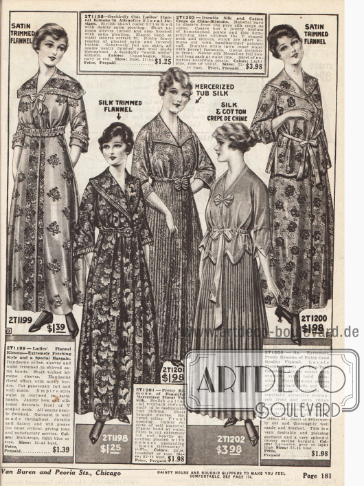 Kimonos, Baderoben und Bademäntel für Damen aus geblümtem oder gemustertem Flanell, merzerisierter Seide und Seiden-Baumwoll Crêpe de Chine - teilweise in plissierter Ausführung.