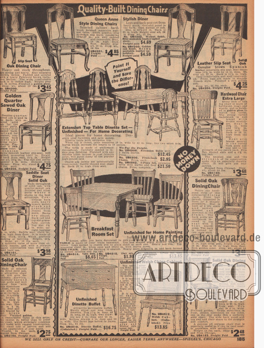„Hochwertig verarbeitete Esszimmer-Stühle“ (engl. „Quality-Built Dining Chairs“).
Die hier offerierten Stühle sind aus Eichenhölzern hergestellt und größtenteils mit gedrechselten oder geschweiften Beinen versehen. Manche Stühle zeigen gepolsterte oder ausgefräste Sitzflächen zum bequemeren Sitzen. Die Sitzmöbel sind im frühen amerikanischen Kolonialstil oder Queen Anne Stil (1702 bis 1714) hergestellt.
In der Mitte befinden sich außerdem Frühstückstische und Esszimmertische sowie ein kleines Sideboard (Anrichtetische, hier „Buffet“ genannt) und ein offener, kleiner Porzellan-Schrank.