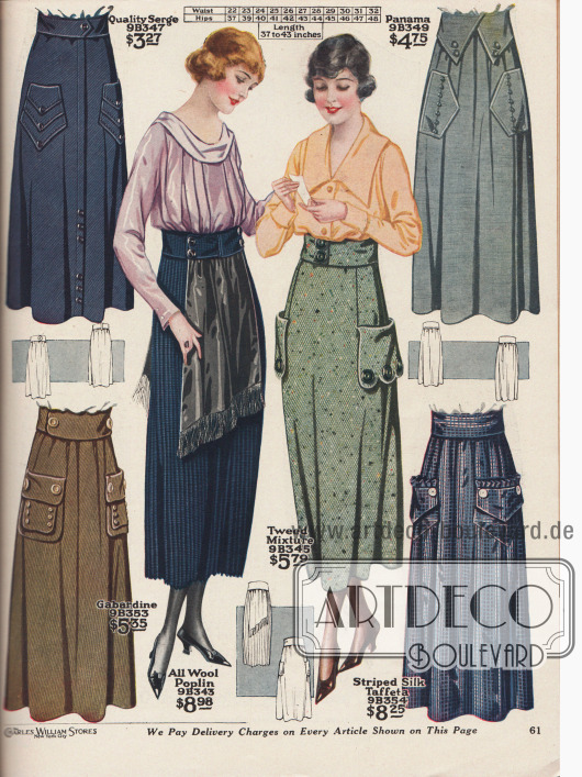 Damenröcke aus Baumwoll-Serge, Panama (Woll- und Baumwollmischgewebe), Woll-Baumwoll-Gabardine, reinem Woll-Poplin, Woll- und Baumwoll-Tweed und gestreiftem Seiden-Taft.
Auffallend sind die großen, sehr abwechslungsreich gearbeiteten Taschen und Zierknöpfe sowie die breiten Gürtel. Herausstechend ist der linke Rock in der Mitte aus plissiertem Material, der vorn und hinten Schürzenteile mit Fransen aus schwarzem Samt präsentiert.