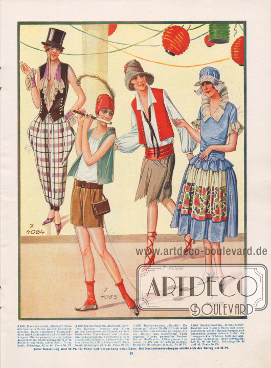 4064: Maskenkostüm „Stutzer“. Hose aus karierter Seide, an den Knöcheln gereiht. Dazu schwarzes Samtjäckchen mit Spitzenjabot und lila Seidenkragen. Hierzu passen die originellen Manschetten.
4065: Maskenkostüm „Rattenfänger“. Das Kostüm besteht aus einer gelben Lederhose mit Gürtel, weißem ärmellosen Batisthemd und türkisblauer Leinenjacke.
4066: Maskenkostüm „Bandit“. Zu einem geflickten Wollstoffrock wird eine weiße Leinenbluse getragen, die ein Bolero aus hochrotem Tuch ergänzt. Hierzu passender breiter Gürtel.
4067: Maskenkostüm „Holländerin“. Kostüm aus blauem Satin mit hochgestelltem weißen Spitzenkragen und passenden Ärmelvolants. Über die buntgestickte Schürze fällt der ausgebogte Schoßteil.