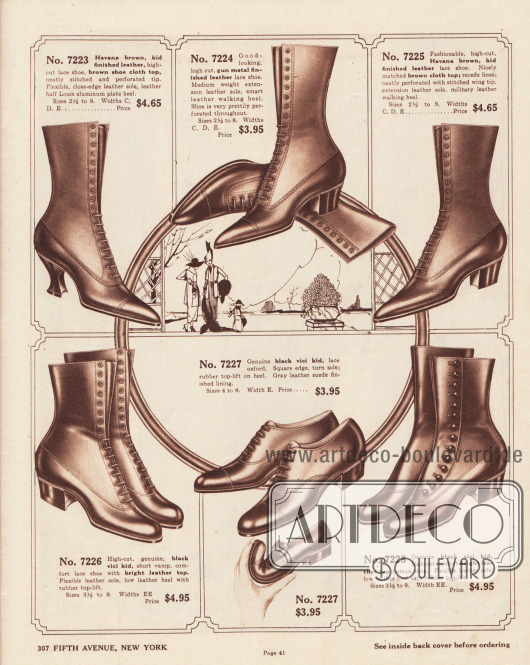 Schnürstiefel, Stiefeletten sowie ein Oxford-Modell für junge Frauen und Damen. Die Schuhe sind aus Havanna braunem oder schwarzem Chevreauleder (Ziegenleder) und „vici“ Chevreauleder. Bei zwei Modellen bestehen die Schäfte aus hellerem Stoff. Ein Modell (7228) wird über Druckknöpfe geschlossen.
Die Schuhe sind mit leichten Lochlinienverzierungen perforiert. Die oberen Modelle zeigen die 1919 sehr moderne spitze Kappenform, während die unteren Modelle eher abgerundete Kappen zeigen. Niedrige und militärische Absätze dominieren die Auswahl. Ein Modell mit Louis XIV Absätzen (7223).