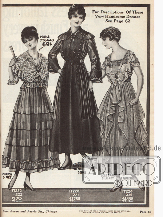Abendkleider aus Chiffon mit Netzstoff und Taft, Seiden-Netzstoff und goldfarbiger Borte. Das mittlere Modell ist ein mondänes Straßenkleid und besteht aus Serge, während die seitlichen Einsätze aus Taft bestehen.
Ärmel, Kragen und Volants werden bevorzugt aus Netzstoff geschaffen. Das Kleid rechts erhält seinen besonderen Reiz durch den in Kaskaden angeordneten Netzstoff, die große Frontschleife und die großzügigen Stickereien am Ausschnitt.