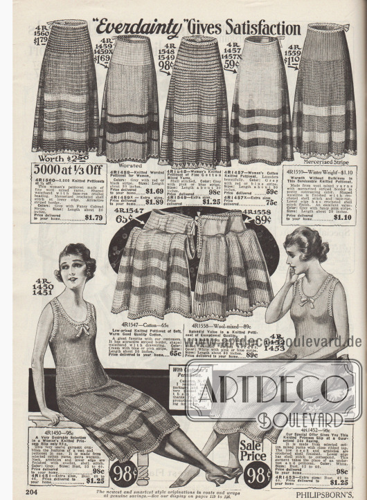 „‚Everdainty‘ gewährt Zufriedenheit“ (engl. „‚Everdainty‘ Gives Satisfaction“).
Trikotage-Unterwäsche für Damen. Warme Strickunterröcke (Petticoats) aus Kammgarn oder merzerisierten Woll- und Baumwollgarnen der US-Marke Everdainty für Frauen.
Unten werden zwei Prinzessunterröcke (lange Strickunterhemden) angeboten, die kurze Hemdchen und Stoffpetticoats ersetzen. Die Säume der Unterröcke sind umhäkelt.