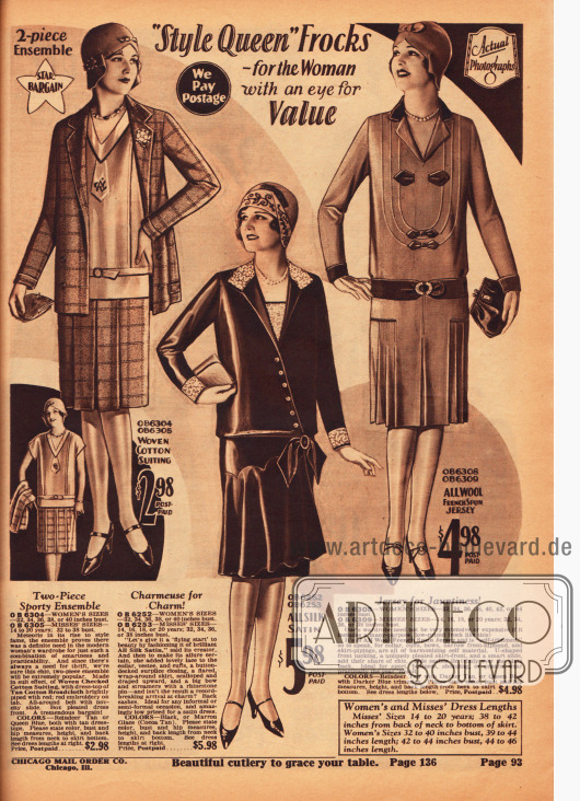 Seite mit zwei günstigen Damenkleidern und einem Ensemble. Das zweiteilige Ensemble besteht aus kariertem Baumwollstoff (Jacke und Rock) und Baumwoll-Breitgewebe (Bluse). Die beiden folgenden Kleider sind aus reinem Seiden-Satin und Woll-Jersey gefertigt. Das Ensemble sowie das zweite Kleid zeigen sauber gelegte und eingearbeitete Gehfalten.