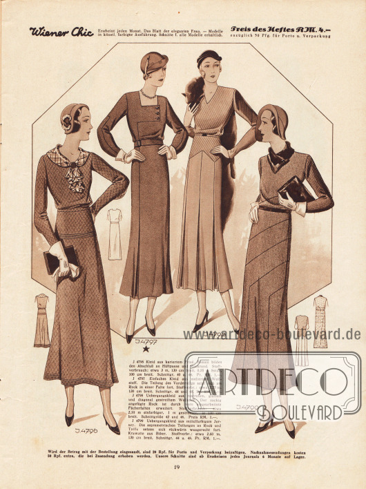 4796: Kleid aus kariertem Frisé. Die Biesen bilden den Übergang von der Hüftpasse zum Rockteil.
4797: Einfaches Kleid aus meliertem Wollstoff. Die Teilung des Vorderteiles setzt sich am Rock in der Falte fort.
4798: Übergangskleid aus rostrotem, glattem und diagonal gestreiftem Wollstoff. Der zackig angefügte Rock ist durch vorn eingearbeitete Fächerfalten erweitert.
4799: Übergangskleid aus mittelfarbigem Jersey und mit Biberkrawatte. Der Rock zeigt asymmetrische Teilungen, die sich im Rücken waagerecht fortsetzen.