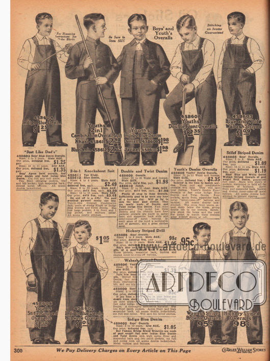 Arbeitskleidung (Overalls und Jacken) aus unifarbenem oder gestreiftem, blauen Jeansstoff (engl. „Indigo Blue Denim“) für 3 bis 15-jährige Jungen.
Die Nähte der Overalls und Jacken sind doppelt ausgeführt, um einer möglichst langen Beanspruchung dauerhaft standzuhalten. Auch die großen Taschen sind doppelt aufgenäht.